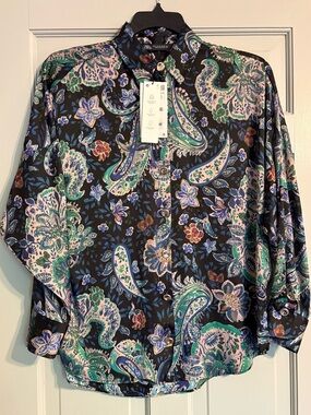 NEW Zara M Paisley Floral Button-Down Shirt with Silver Textured Buttons